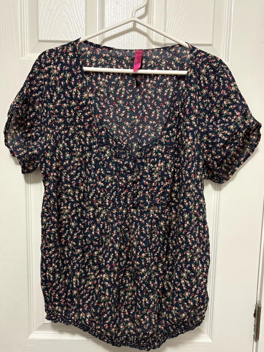 *Pure Energy Navy Ditsy Floral Short Puff Sleeve Size 3X Top Blouse